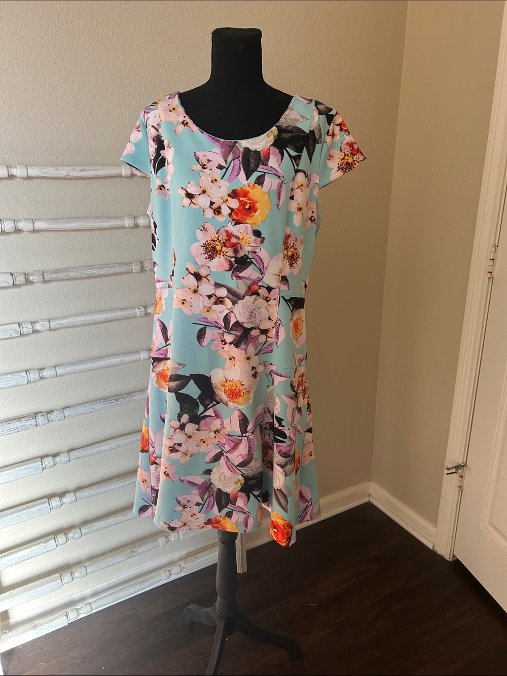 Worthington Floral Scoop-Neck Mini Dress in Light Blue & Coral